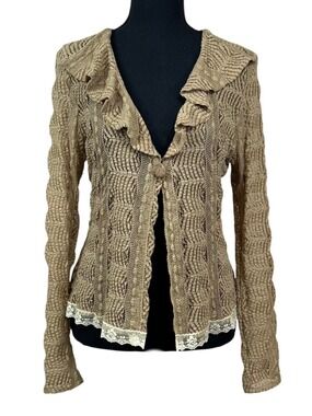 Y2K Beige Crochet Lace Trim Ruffled Collar Cardigan Sweater Size M